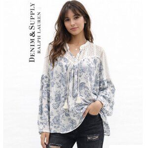 Denim & Supply Ralph Lauren Floral Toile Lace Yoke Tassel Blouse L